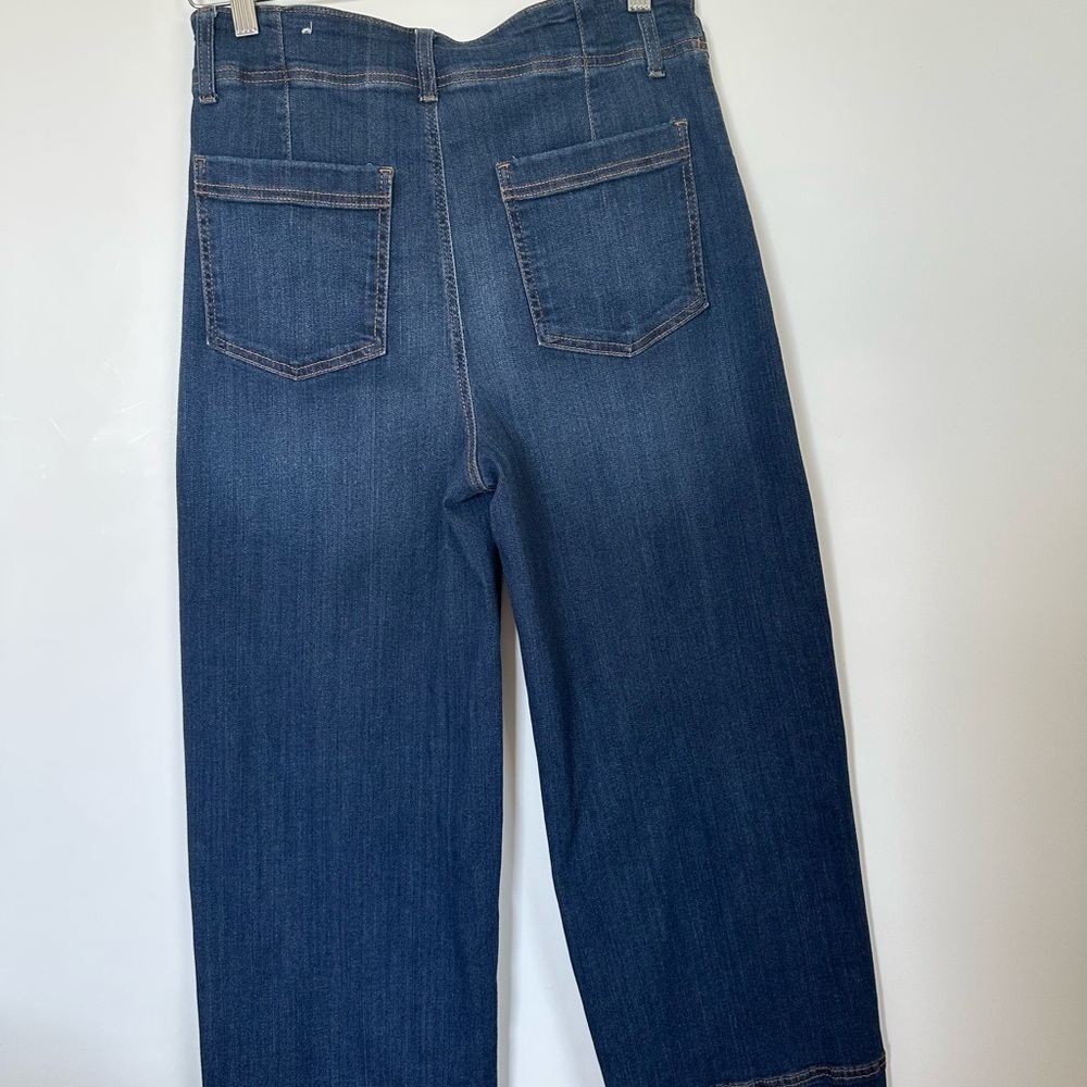 Chico's Dark Blue Flare Jeans on ware leg size 6 - Picture 3 of 14